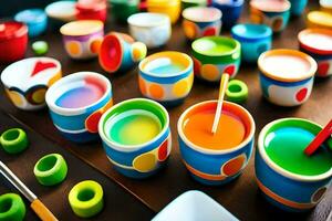 kleurrijk cups en kommen zijn geregeld Aan een tafel. ai-gegenereerd foto