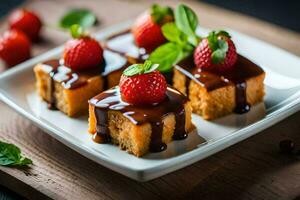 een bord met aardbeien en chocola saus. ai-gegenereerd foto