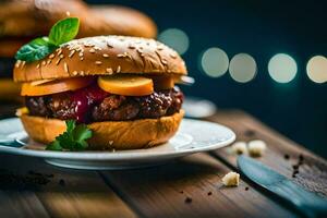 een Hamburger met vlees en groenten Aan een bord. ai-gegenereerd foto
