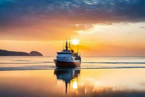 een visvangst boot in de oceaan Bij zonsondergang. ai-gegenereerd foto