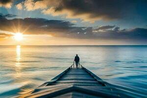 een Mens staat Aan een pier op zoek uit Bij de oceaan Bij zonsondergang. ai-gegenereerd foto