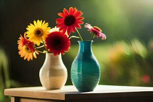 twee kleurrijk vazen met bloemen Aan een tafel. ai-gegenereerd foto