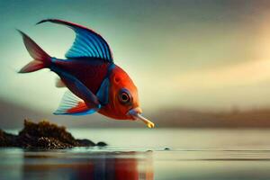 een vis met een rood en blauw staart is zwemmen in de water. ai-gegenereerd foto