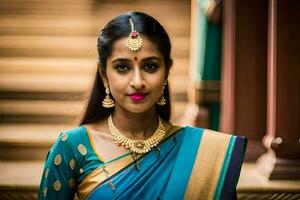 een mooi vrouw in een blauw sari met goud sieraden. ai-gegenereerd foto