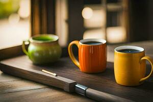 twee koffie cups Aan een houten dienblad. ai-gegenereerd foto