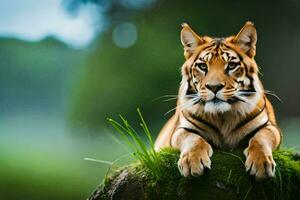 een tijger is zittend Aan een rots in de gras. ai-gegenereerd foto