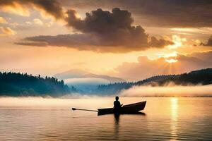 een Mens in een boot Aan een meer Bij zonsondergang. ai-gegenereerd foto