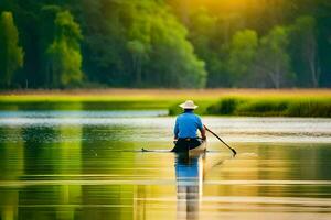 een Mens peddels een kano Aan een meer Bij zonsondergang. ai-gegenereerd foto