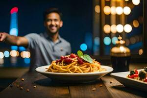 een Mens is Holding een bord van pasta in voorkant van hem. ai-gegenereerd foto