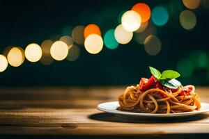 spaghetti Aan een bord met een bokeh achtergrond. ai-gegenereerd foto