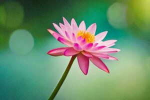 een roze lotus bloem is getoond in voorkant van een groen achtergrond. ai-gegenereerd foto