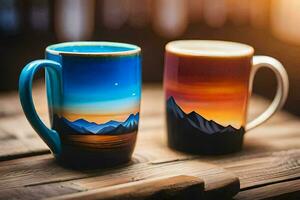 twee koffie mokken met bergen geschilderd Aan hen. ai-gegenereerd foto