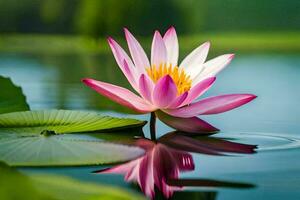 een roze lotus bloem is drijvend in de water. ai-gegenereerd foto
