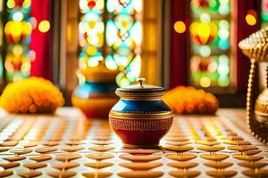 een kleurrijk pot zit Aan een tafel in voorkant van een gebrandschilderd glas venster. ai-gegenereerd foto