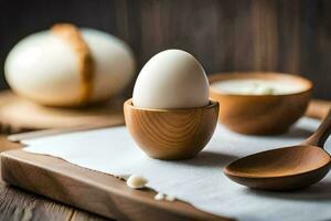 een ei in een houten ei kop en houten lepels. ai-gegenereerd foto