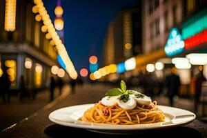 spaghetti met Mozzarella en basilicum Aan een bord in de stad. ai-gegenereerd foto