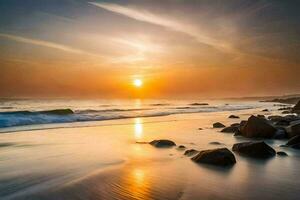 de zon stijgt over- de oceaan en rotsen Aan de strand. ai-gegenereerd foto