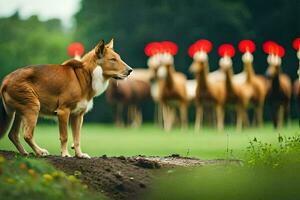 een hond staand in voorkant van een kudde van rood hert. ai-gegenereerd foto