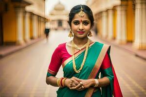 een mooi vrouw in een traditioneel sari. ai-gegenereerd foto
