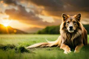 een hond zittend in de gras Bij zonsondergang. ai-gegenereerd foto