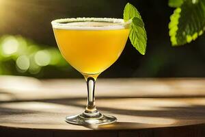 een cocktail met een groen blad Aan top. ai-gegenereerd foto