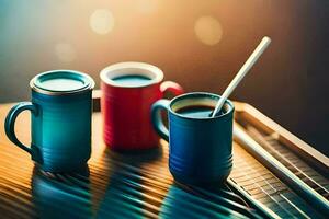 twee koffie cups met rietjes Aan een houten tafel. ai-gegenereerd foto