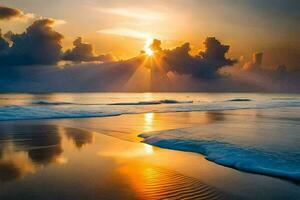 zonsondergang Aan de strand, wolken, water, strand, hd behang. ai-gegenereerd foto