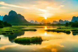 de zon stijgt over- de li rivier- in China. ai-gegenereerd foto