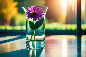 een bloem in een vaas Aan een tafel. ai-gegenereerd foto