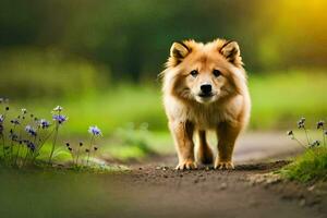 een hond wandelen Aan een aarde weg in de midden- van een veld. ai-gegenereerd foto