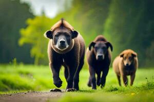 drie bruin bears wandelen Aan een pad. ai-gegenereerd foto