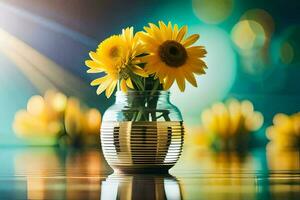 zonnebloemen in een vaas Aan een tafel. ai-gegenereerd foto