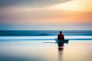 een Mens in een boot Bij zonsondergang. ai-gegenereerd foto