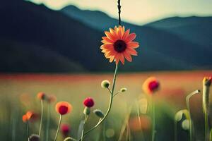 een single oranje bloem is staand in de midden- van een veld. ai-gegenereerd foto