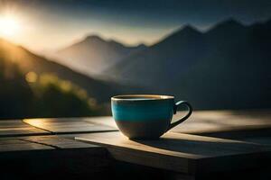 koffie kop Aan de balkon, bergen, zonsopkomst, de zon, de bergen, de bergen. ai-gegenereerd foto