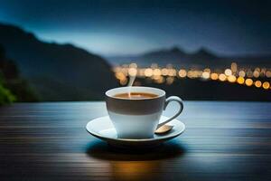 een kop van koffie Aan een tafel in de bergen. ai-gegenereerd foto