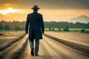 een Mens in een pak en hoed wandelen naar beneden een aarde weg. ai-gegenereerd foto