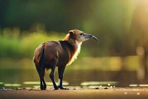 een klein dier met een lang neus- staand Aan de oever. ai-gegenereerd foto