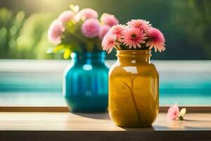 twee vazen met roze bloemen zittend Aan een tafel. ai-gegenereerd foto