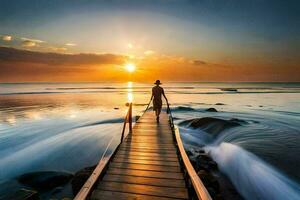 een vrouw wandelingen langs een houten pier Bij zonsondergang. ai-gegenereerd foto