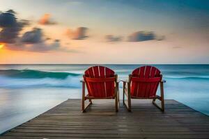 twee rood stoelen Aan een houten pier Bij zonsondergang. ai-gegenereerd foto