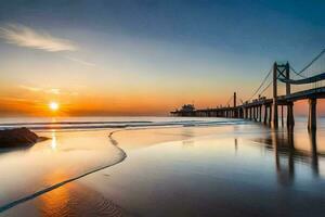 de zon sets over- de oceaan en pier. ai-gegenereerd foto