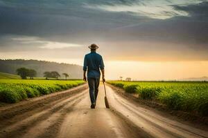 een Mens wandelen naar beneden een aarde weg met een hoed en een stok. ai-gegenereerd foto