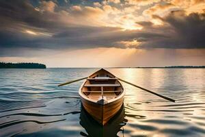 een boot Aan de meer. ai-gegenereerd foto