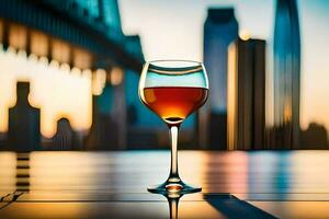 een glas van wijn Aan een tafel in voorkant van een stad horizon. ai-gegenereerd foto