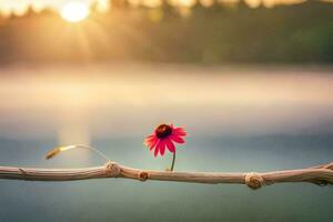 een single bloem zit Aan een Afdeling in voorkant van een meer. ai-gegenereerd foto