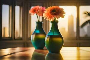 twee vazen met bloemen zittend Aan een tafel in voorkant van een venster. ai-gegenereerd foto