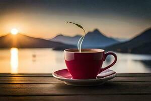 een kop van koffie Aan een houten tafel met een visie van de meer en bergen. ai-gegenereerd foto