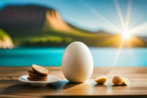 een ei en een bord van koekjes Aan een tafel met een meer in de achtergrond. ai-gegenereerd foto