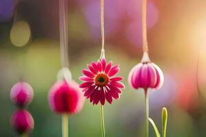 roze bloemen hangende van strings in de zon. ai-gegenereerd foto